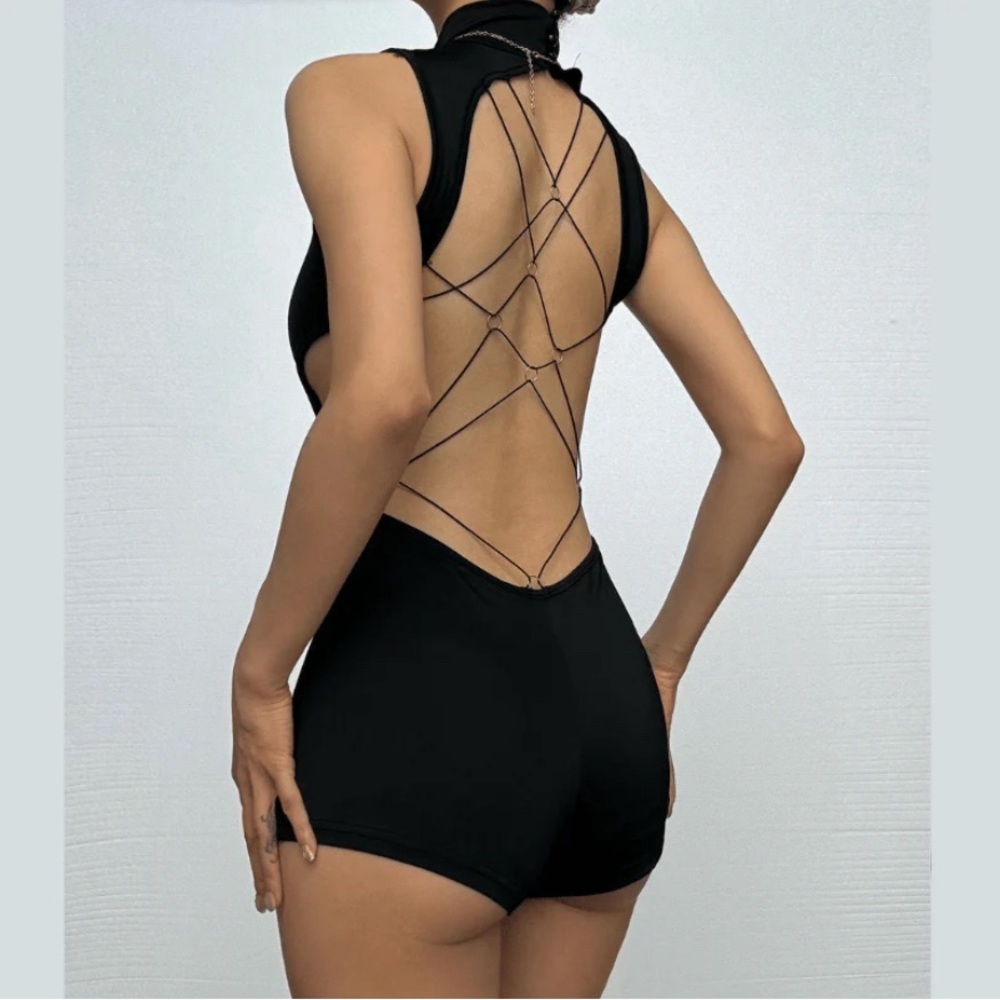 Black Strappy Backless Bodysuit